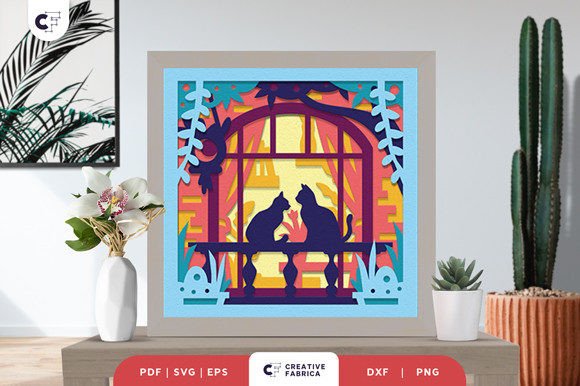 Cats in Window SVG 3D Shadow Box: A Botanical Masterpiece for Cat Lovers