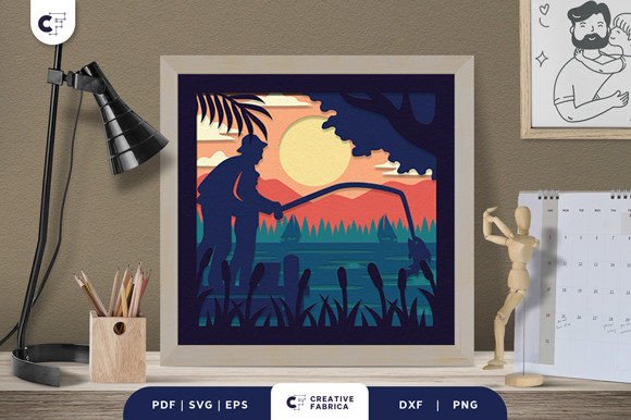 Dad Fishing with Daughter 3D Paper Cut