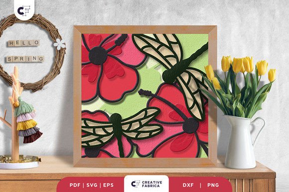 Dragonfly on the Flowers 3D Shadow Box