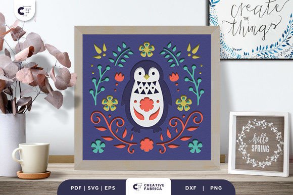 Folk Penguin 3D Shadow Box Paper Cut